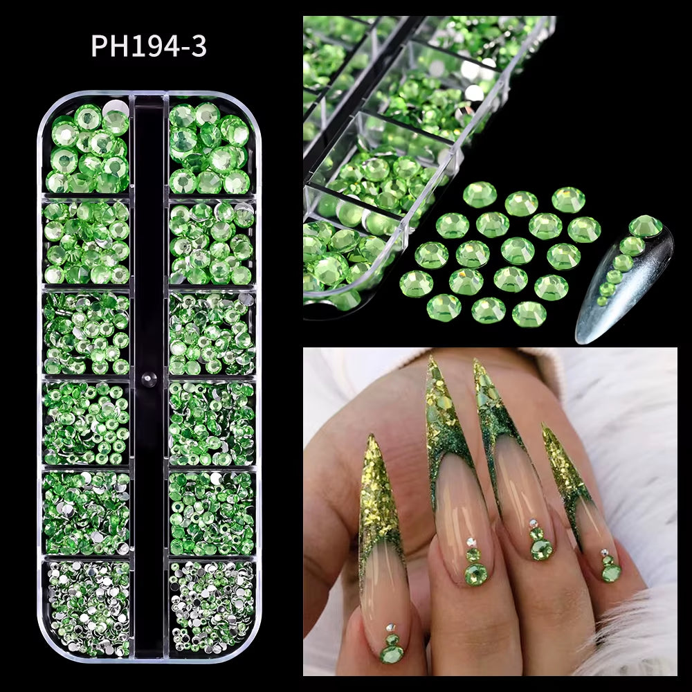 12Gird Mix Size Pink Red Green Crystal Nail Art Rhinestones Luxury Nail Diamond Gem Flatback Glass Stone Strass Nail Supplies