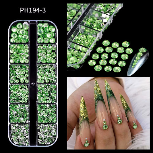12Gird Mix Size Pink Red Green Crystal Nail Art Rhinestones Luxury Nail Diamond Gem Flatback Glass Stone Strass Nail Supplies