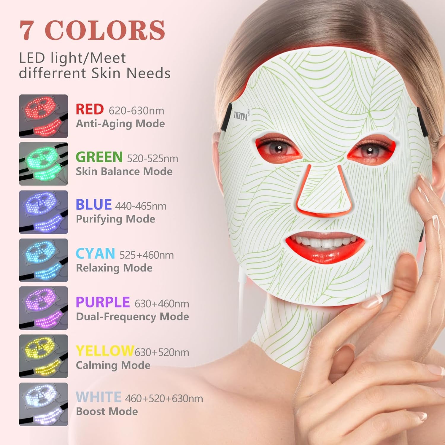 Led Face Mask Light Therapy,Red Light Therapy for Face and Neck,7 Colors LED Facial Skin Care Mask,5 Level Brightness Adjustment,309 LED Beads Can Be Used at Home,White Green