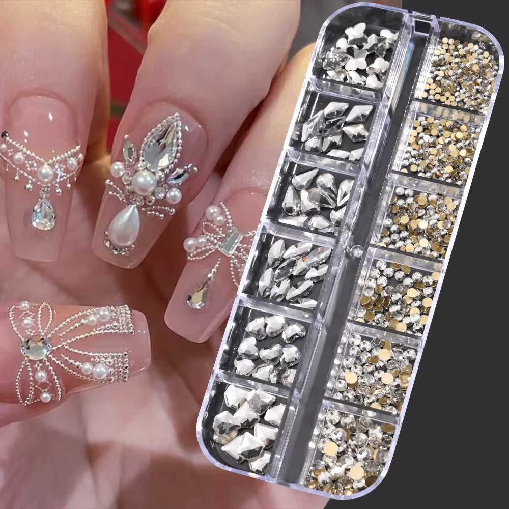 12Gird Mix Size Pink Red Green Crystal Nail Art Rhinestones Luxury Nail Diamond Gem Flatback Glass Stone Strass Nail Supplies