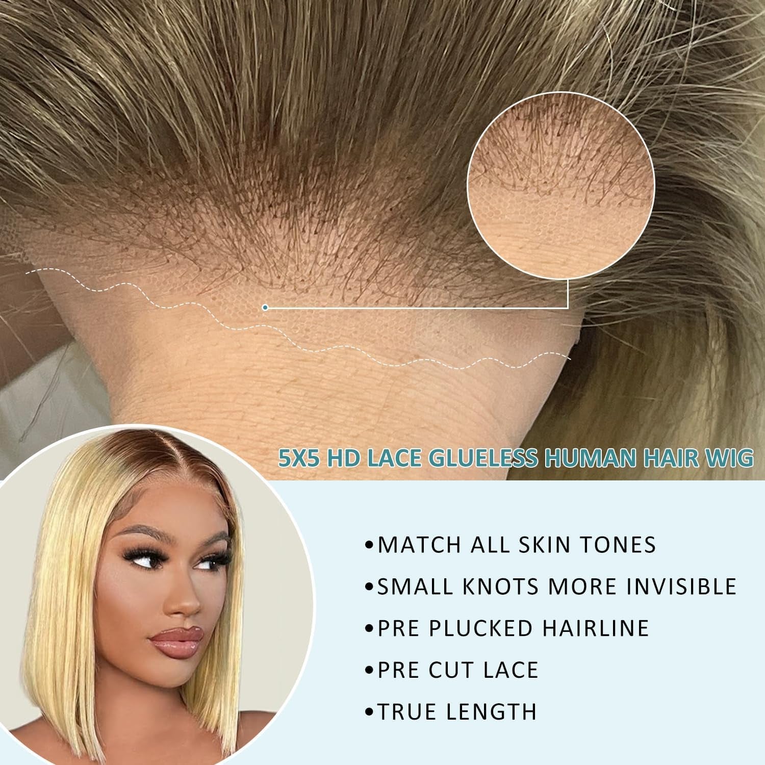 200% Density Wear and Go Blonde Wig Human Hair 2.0-613 Upgraded Roots Color Natural Blonde Bob Wig for Women 5X5 UHD Pre-Cut Lace Wigs No Mix Fiber Brazilian Virgin Hair 10 Inch