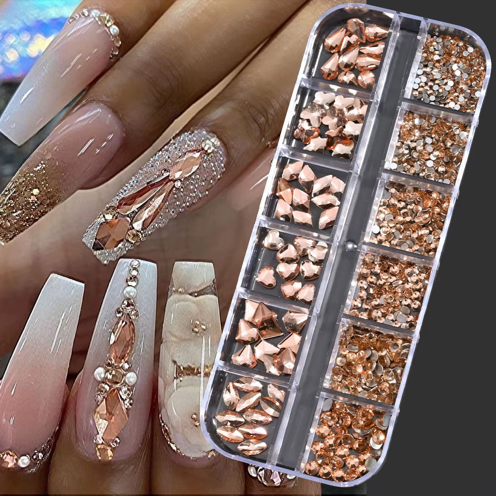 12Gird Mix Size Pink Red Green Crystal Nail Art Rhinestones Luxury Nail Diamond Gem Flatback Glass Stone Strass Nail Supplies