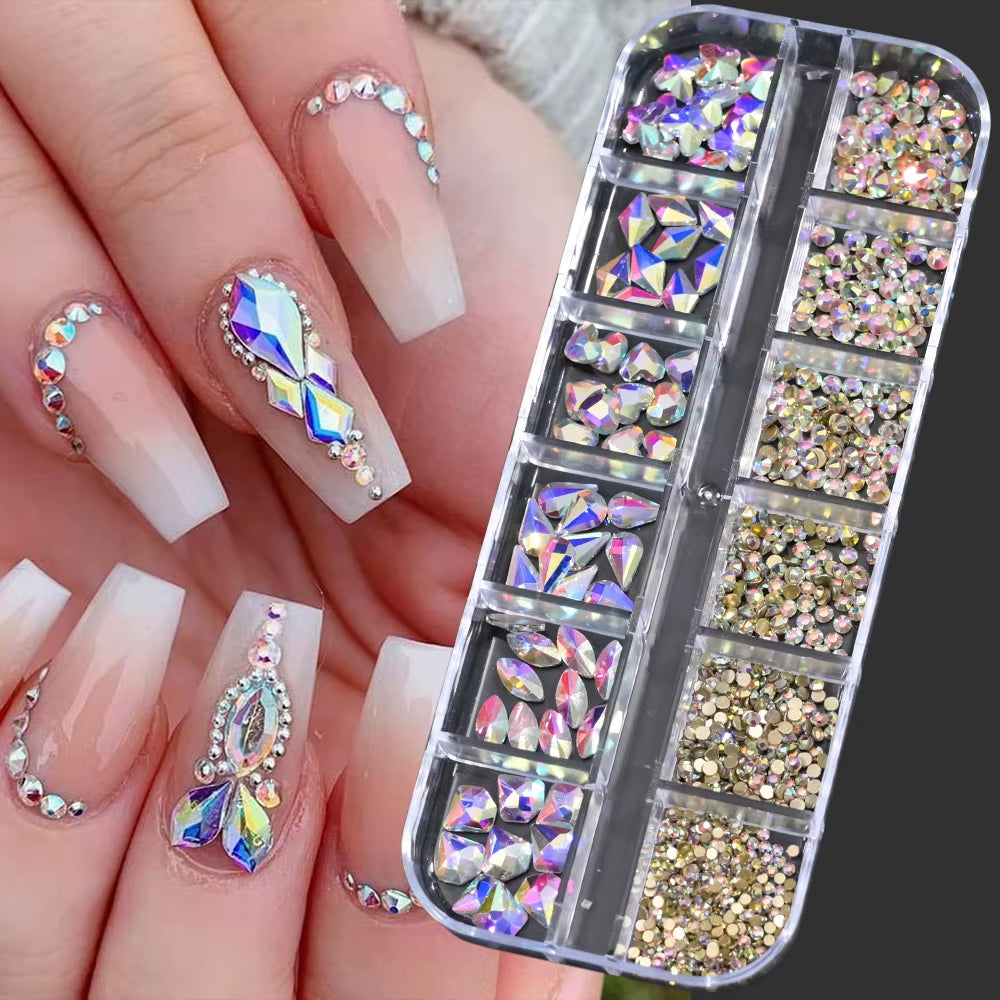 12Gird Mix Size Pink Red Green Crystal Nail Art Rhinestones Luxury Nail Diamond Gem Flatback Glass Stone Strass Nail Supplies