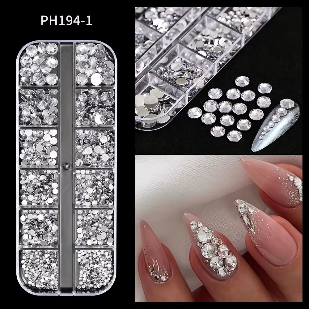 12Gird Mix Size Pink Red Green Crystal Nail Art Rhinestones Luxury Nail Diamond Gem Flatback Glass Stone Strass Nail Supplies