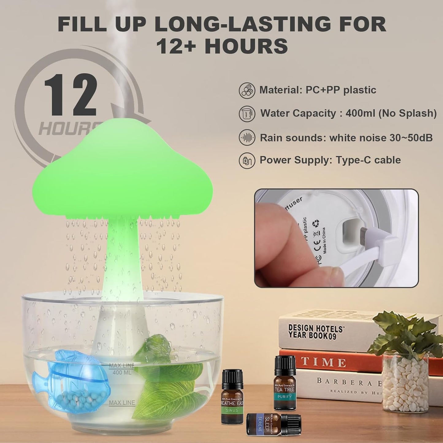 Cloud Rain Aromatherapy Diffuser,Cloud Rain Humidifier Water Drip,Unique Cloud Rain Mushroom Design with Transparent Base,7 Colors Light & Auto Shut off for Bedroom Office Relaxing Water Drop Sound