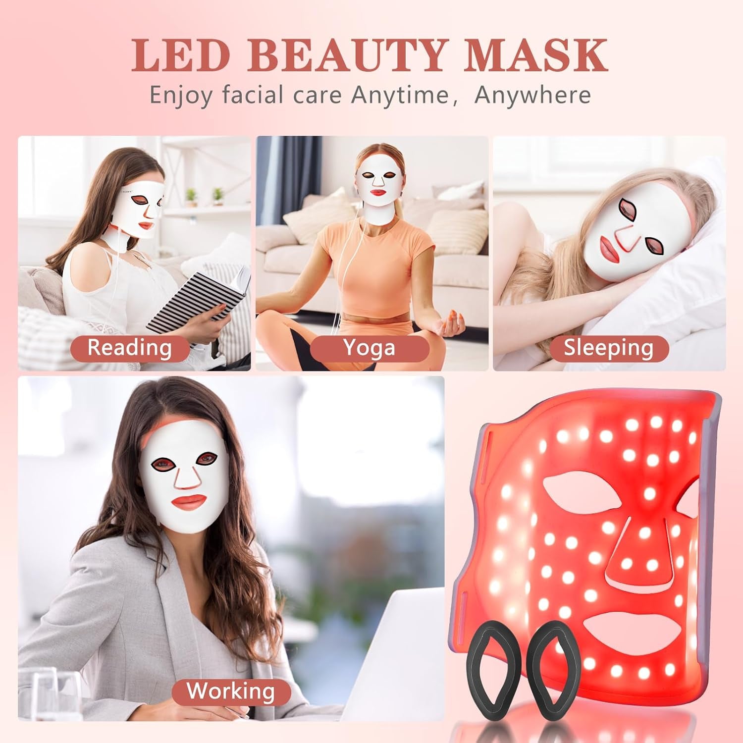 Led Face Mask Light Therapy,Red Light Therapy for Face and Neck,7 Colors LED Facial Skin Care Mask,5 Level Brightness Adjustment,309 LED Beads Can Be Used at Home,White