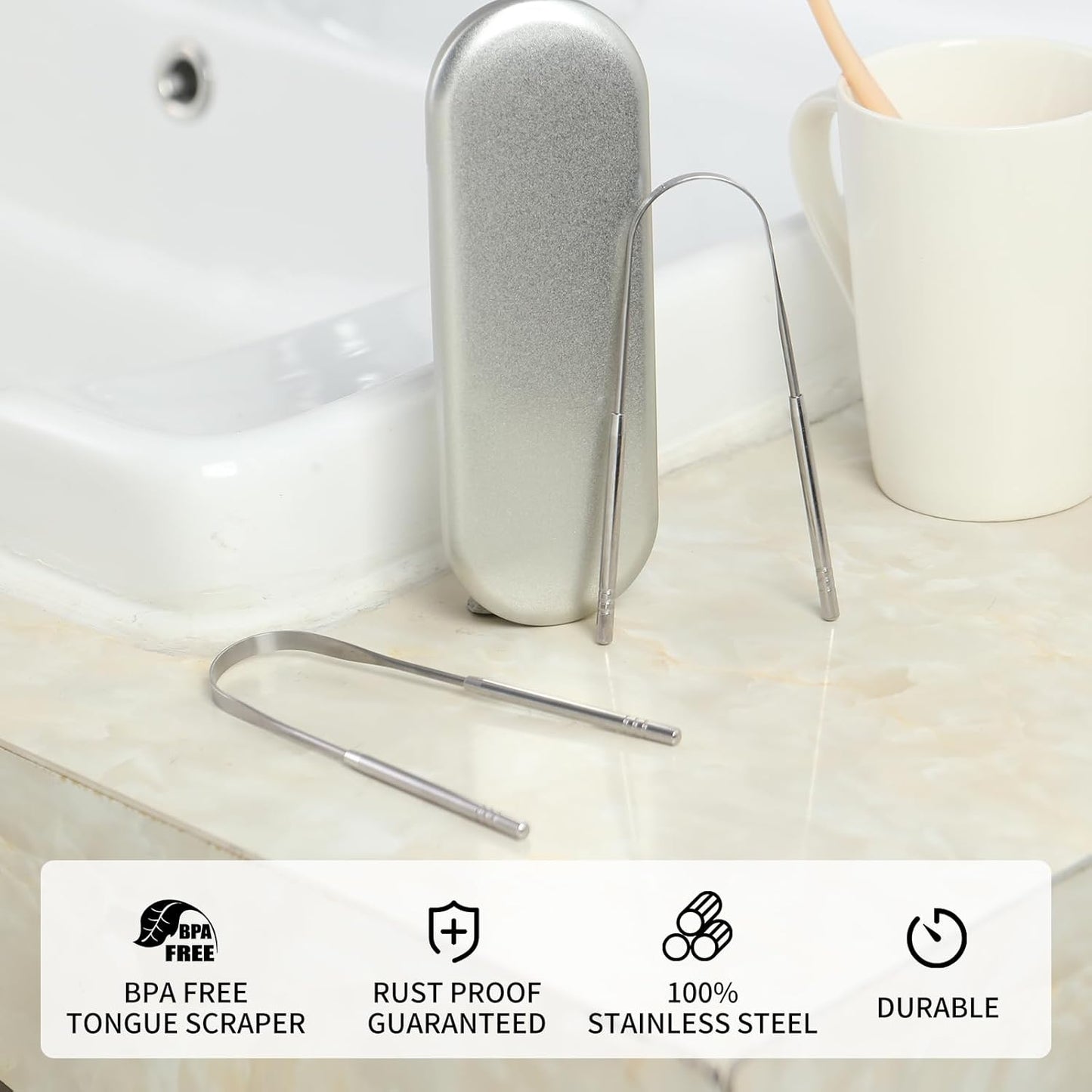 Tongue Scraper,Metal Tongue Scraper for Adults,Stainless Steel Tongue Scraper,Reduce Bad Breath and Fresher Breath (2 Pack, U-Shaped)