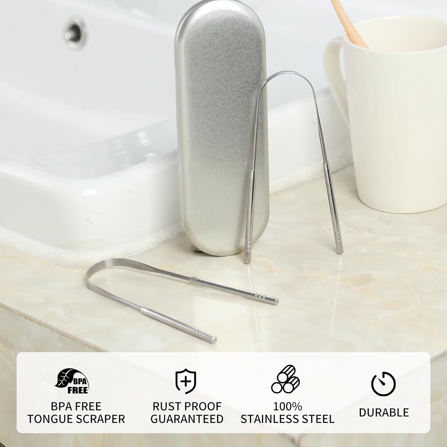 Tongue Scraper,Metal Tongue Scraper for Adults,Stainless Steel Tongue Scraper,Reduce Bad Breath and Fresher Breath (2 Pack, U-Shaped)