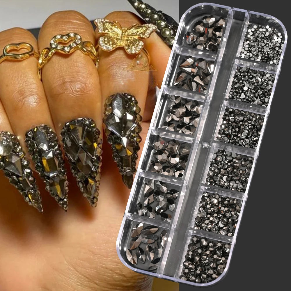12Gird Mix Size Pink Red Green Crystal Nail Art Rhinestones Luxury Nail Diamond Gem Flatback Glass Stone Strass Nail Supplies