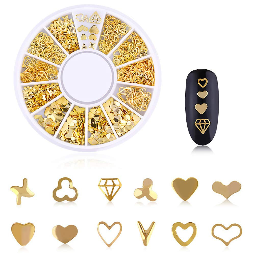 6 Boxes Gold Nail Charms Studs Rose Star Moon Feather Shape Metal Nail 3D Charm Kit 3D Nail Art Jewelry Decoration with 1Pc Tweezers and Picker Pencil Tools