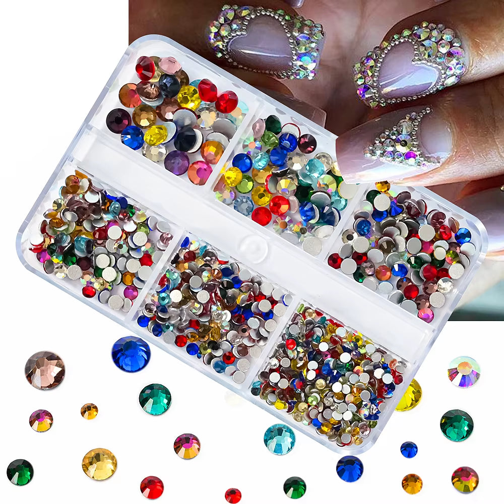 12Gird Mix Size Pink Red Green Crystal Nail Art Rhinestones Luxury Nail Diamond Gem Flatback Glass Stone Strass Nail Supplies