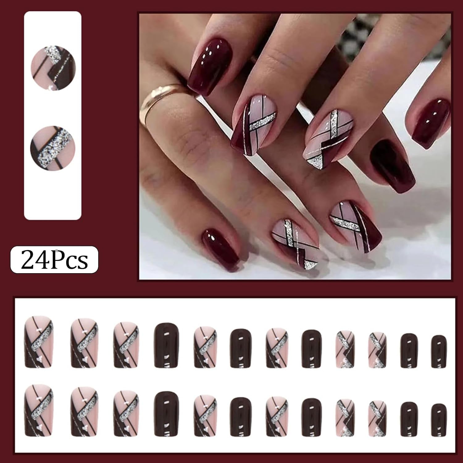 Medium Press on Nails Acrylic Nails Press on Medium Length Press on Nails Fake Nails Square Liquor Red False Nails with Glitter Line Press Ons Design Artificial Stick on Nails for Women 24Pcs