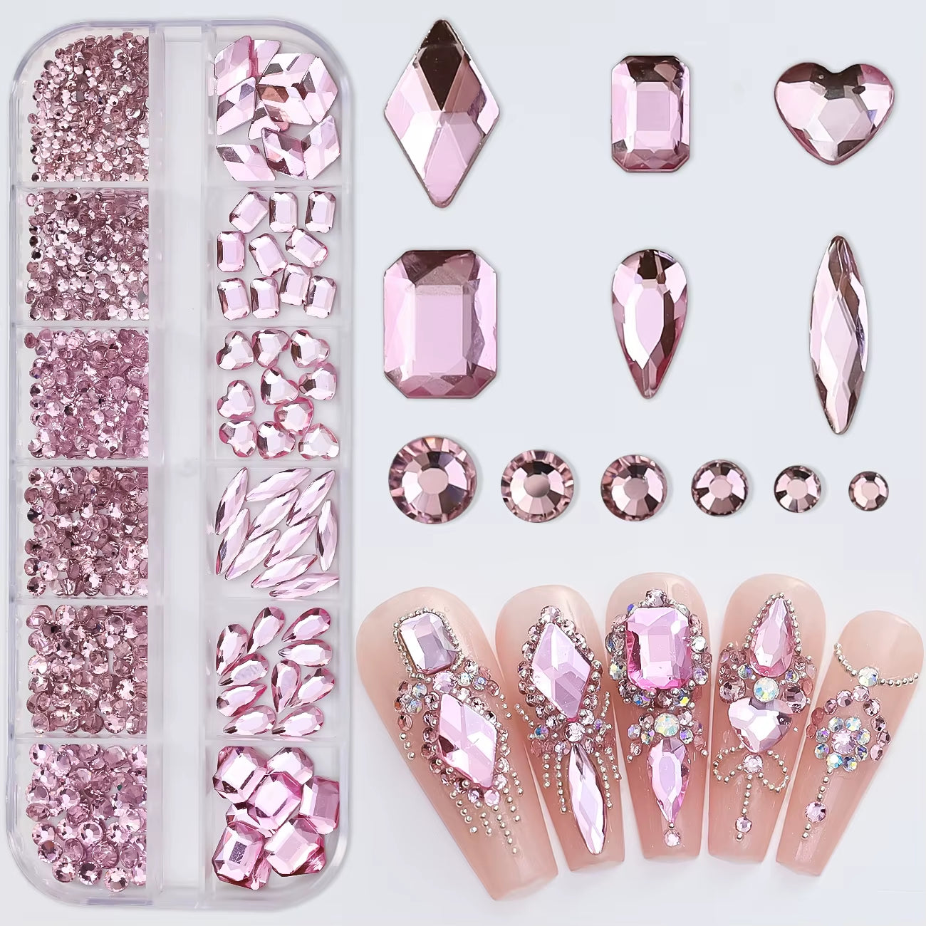 12Gird Mix Size Pink Red Green Crystal Nail Art Rhinestones Luxury Nail Diamond Gem Flatback Glass Stone Strass Nail Supplies