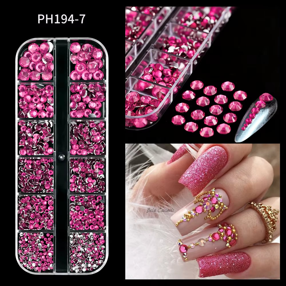 12Gird Mix Size Pink Red Green Crystal Nail Art Rhinestones Luxury Nail Diamond Gem Flatback Glass Stone Strass Nail Supplies