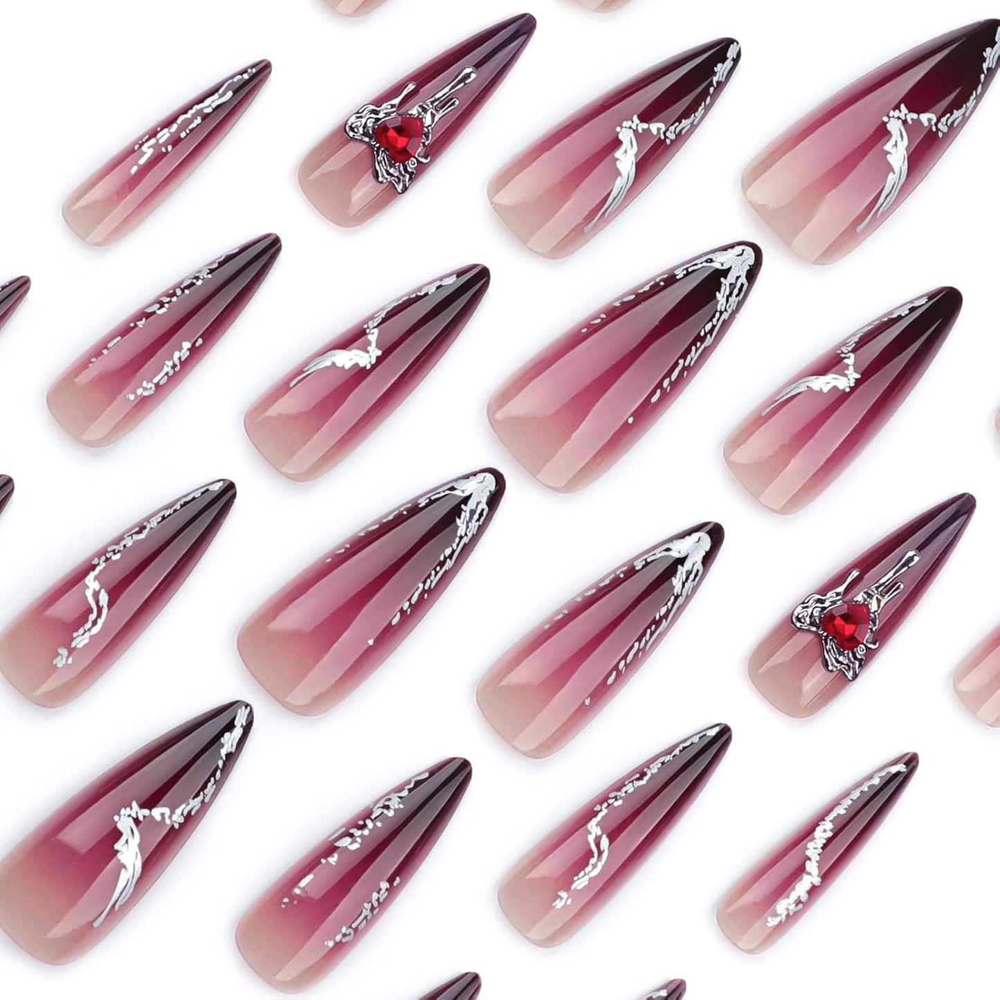 Press on Nails - Long Stiletto Glue on Nails with Goth Burgundy, Acrylic Rhinestone Design 24 Pcs