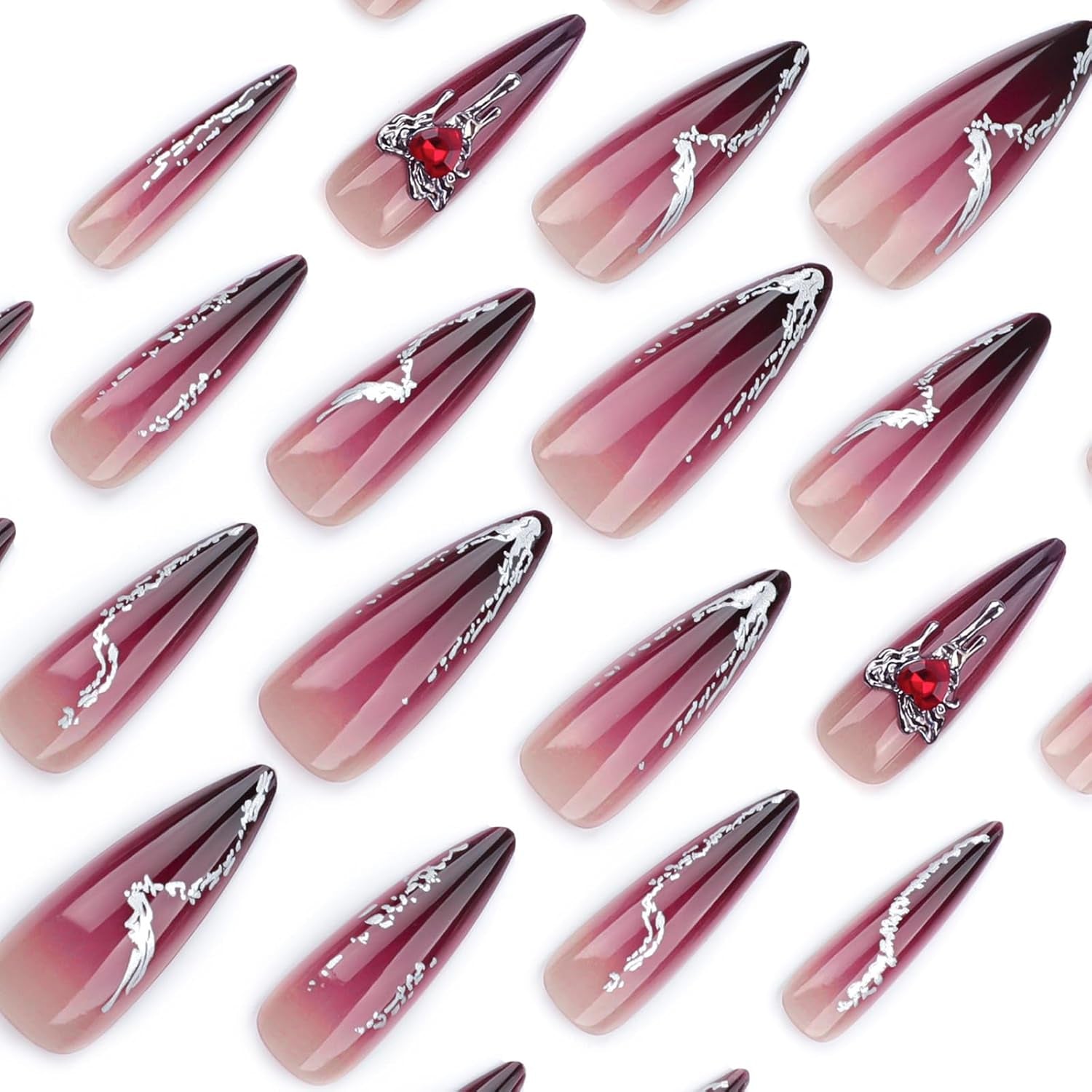 Press on Nails - Long Stiletto Glue on Nails with Goth Burgundy, Acrylic Rhinestone Design 24 Pcs