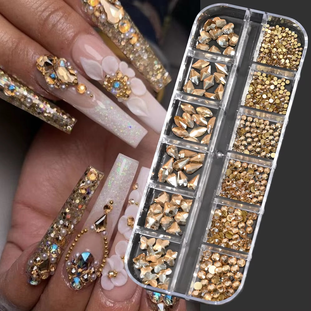 12Gird Mix Size Pink Red Green Crystal Nail Art Rhinestones Luxury Nail Diamond Gem Flatback Glass Stone Strass Nail Supplies