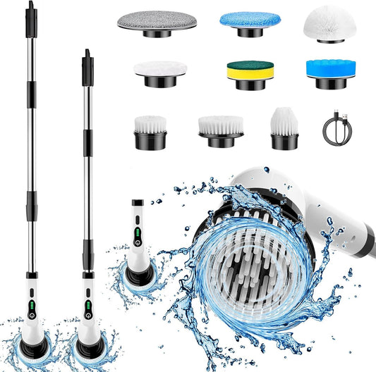 Electric Spin Scrubber, Cordless Cleaning Supplies Full-Body IPX7 Waterproof Power Shower Cleaner Brush with 9 Replaceable Brush Heads, Adjustable Extension Handle for Bathroom Accessories