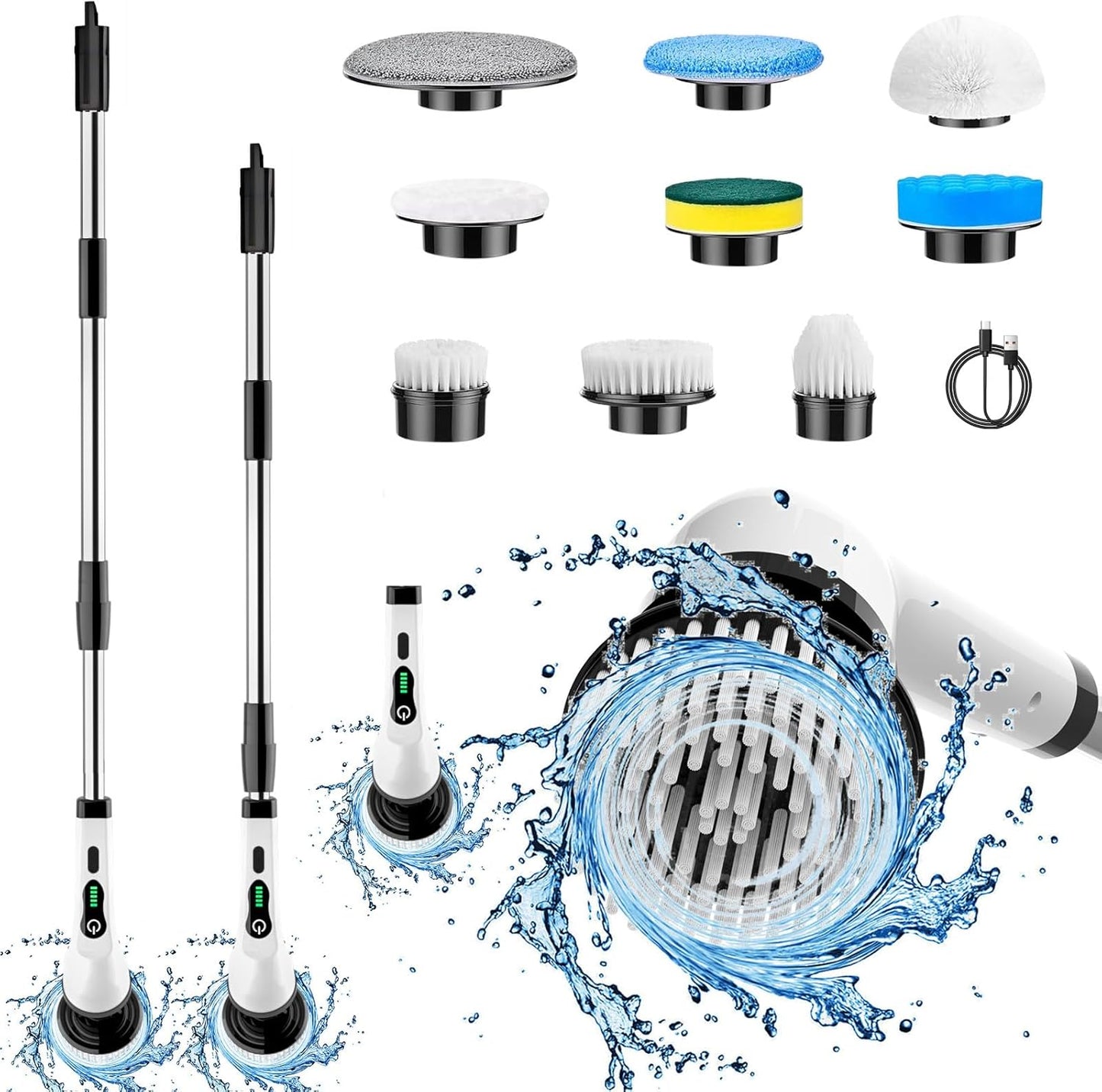 Electric Spin Scrubber, Cordless Cleaning Supplies Full-Body IPX7 Waterproof Power Shower Cleaner Brush with 9 Replaceable Brush Heads, Adjustable Extension Handle for Bathroom Accessories