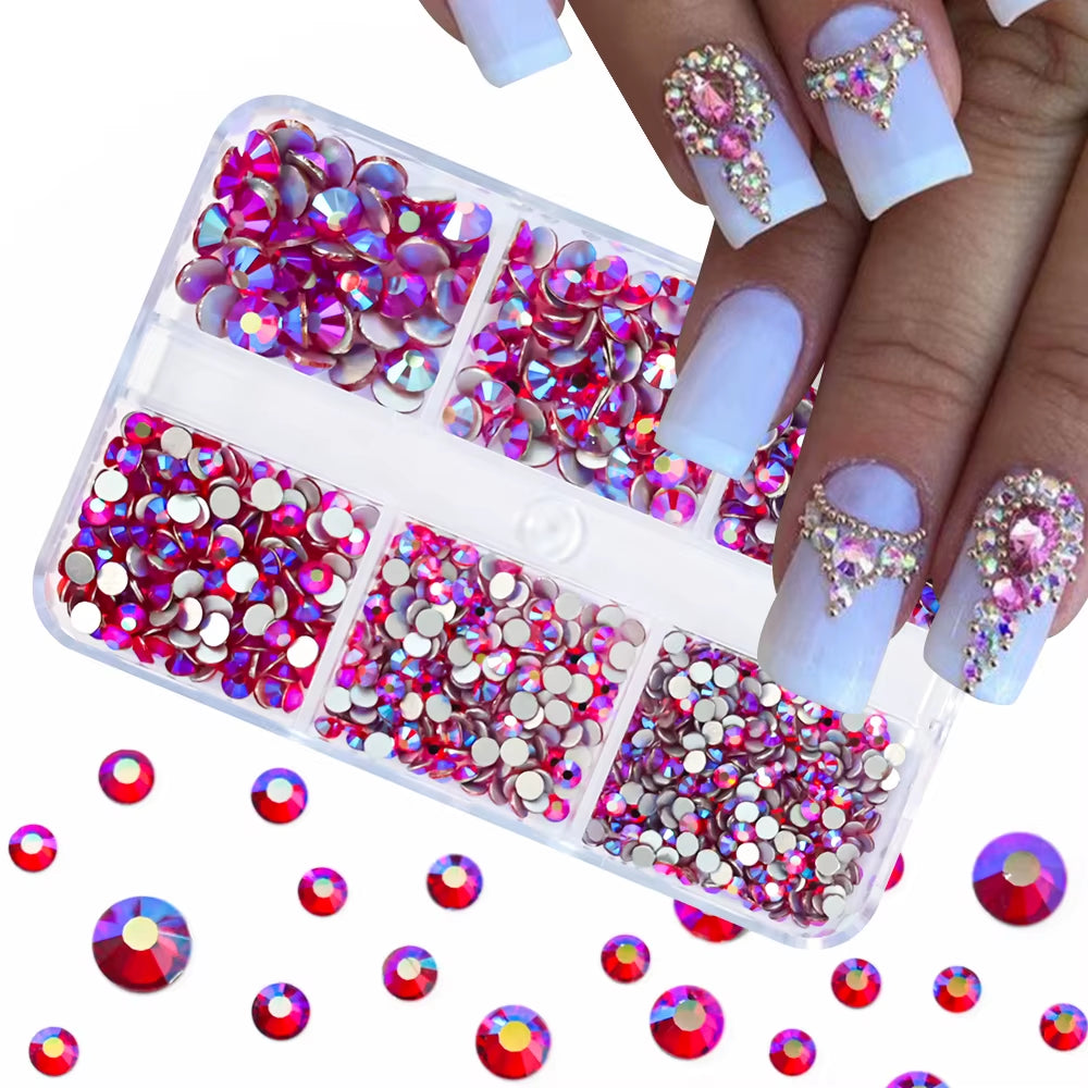 12Gird Mix Size Pink Red Green Crystal Nail Art Rhinestones Luxury Nail Diamond Gem Flatback Glass Stone Strass Nail Supplies