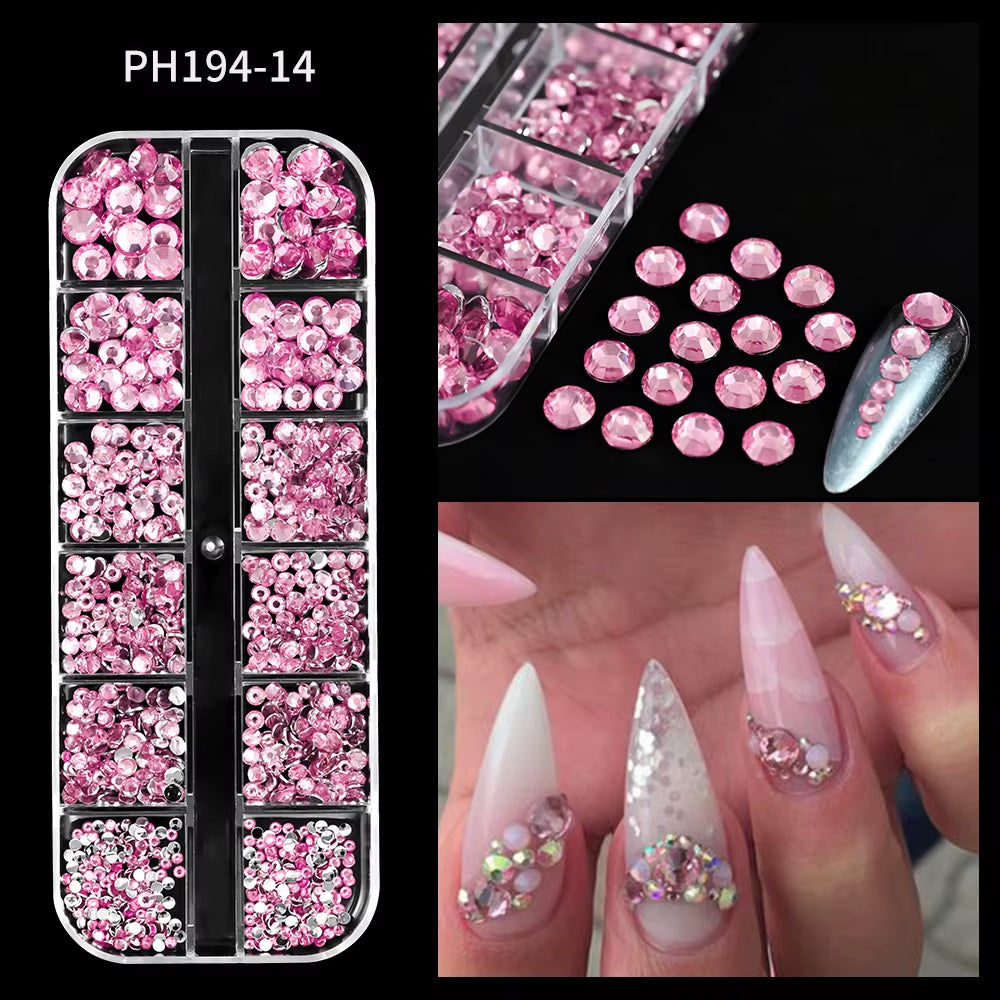 12Gird Mix Size Pink Red Green Crystal Nail Art Rhinestones Luxury Nail Diamond Gem Flatback Glass Stone Strass Nail Supplies