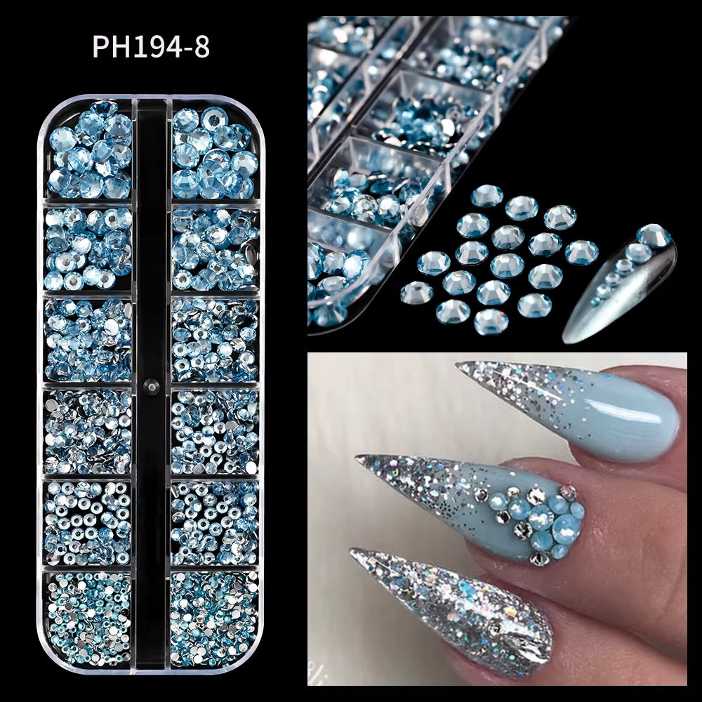 12Gird Mix Size Pink Red Green Crystal Nail Art Rhinestones Luxury Nail Diamond Gem Flatback Glass Stone Strass Nail Supplies