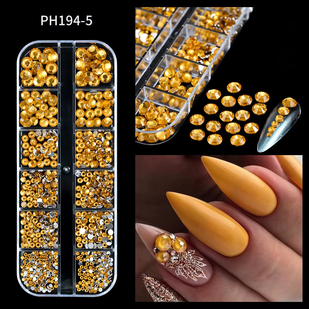 12Gird Mix Size Pink Red Green Crystal Nail Art Rhinestones Luxury Nail Diamond Gem Flatback Glass Stone Strass Nail Supplies