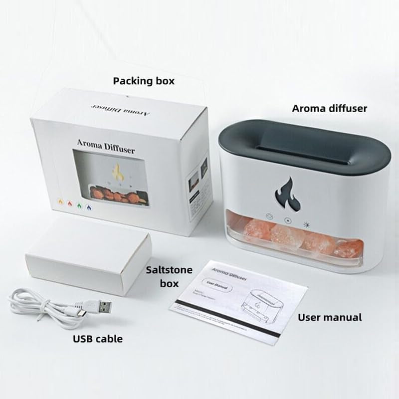 Essential Oil Diffuser 2 in 1 Aromatherapy Diffuser & Himalayan Salt Lamp 250Ml Flame Humidifier for Bedroom Mute Colorful Night Light (Without Essential Oil, Timeable, White)