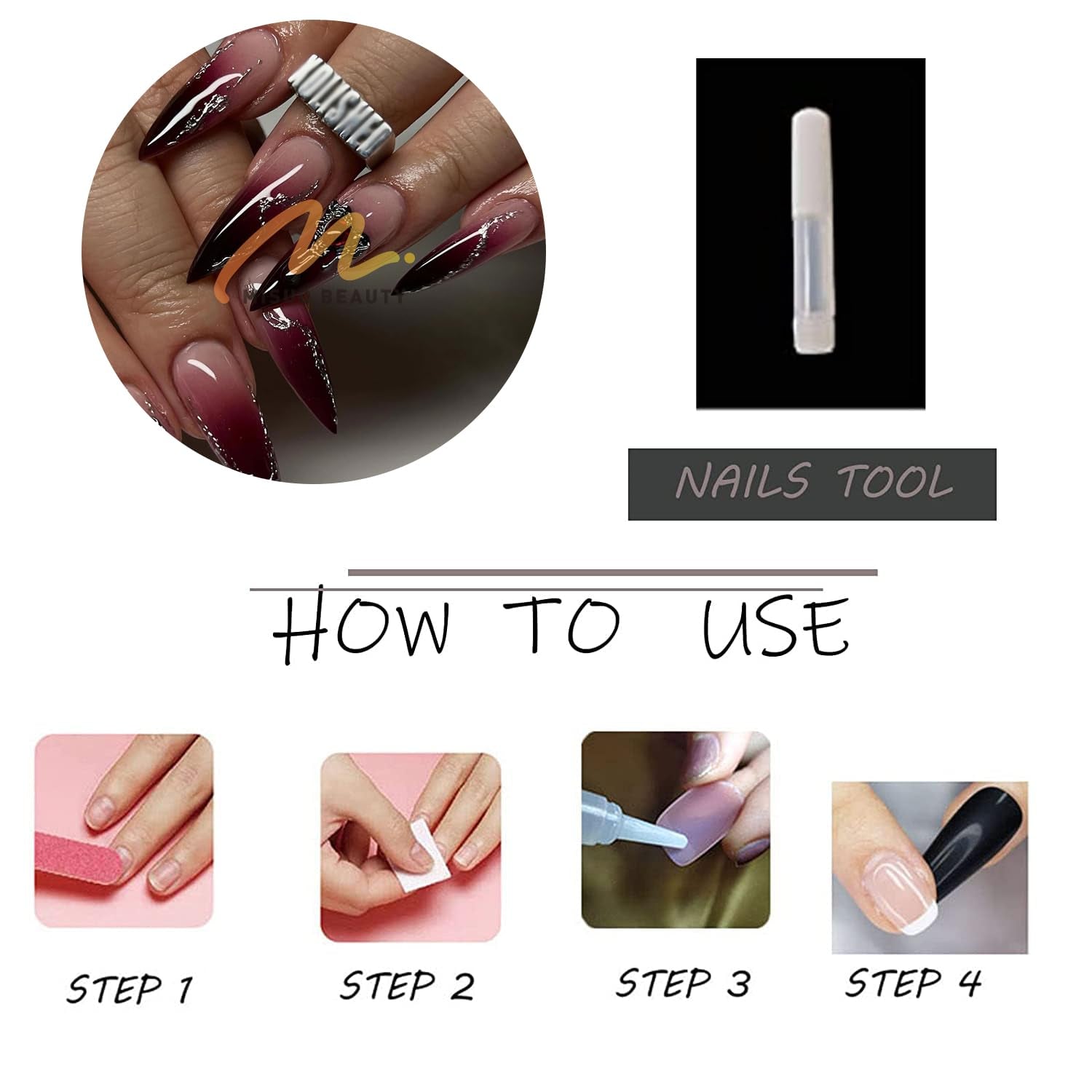 Press on Nails - Long Stiletto Glue on Nails with Goth Burgundy, Acrylic Rhinestone Design 24 Pcs