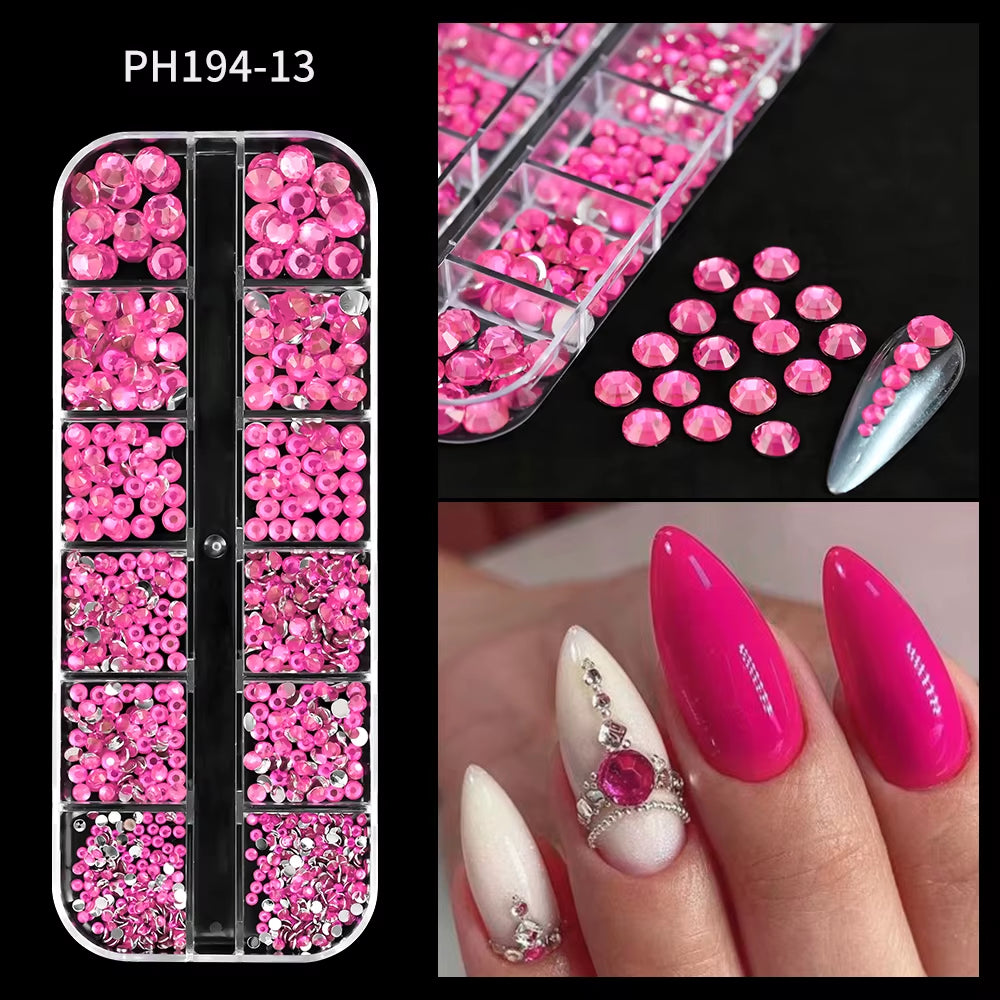 12Gird Mix Size Pink Red Green Crystal Nail Art Rhinestones Luxury Nail Diamond Gem Flatback Glass Stone Strass Nail Supplies