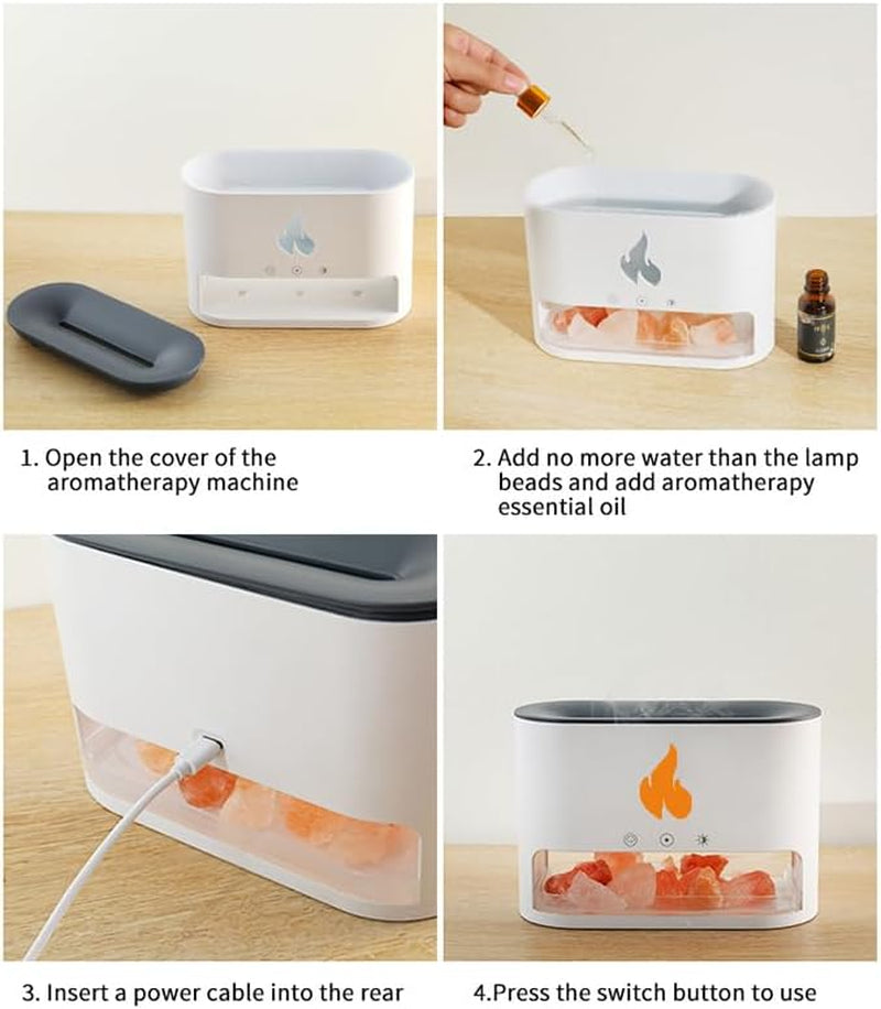 Essential Oil Diffuser 2 in 1 Aromatherapy Diffuser & Himalayan Salt Lamp 250Ml Flame Humidifier for Bedroom Mute Colorful Night Light (Without Essential Oil, Timeable, White)