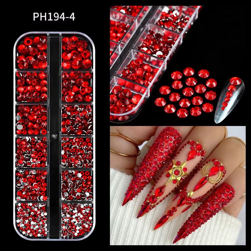 12Gird Mix Size Pink Red Green Crystal Nail Art Rhinestones Luxury Nail Diamond Gem Flatback Glass Stone Strass Nail Supplies
