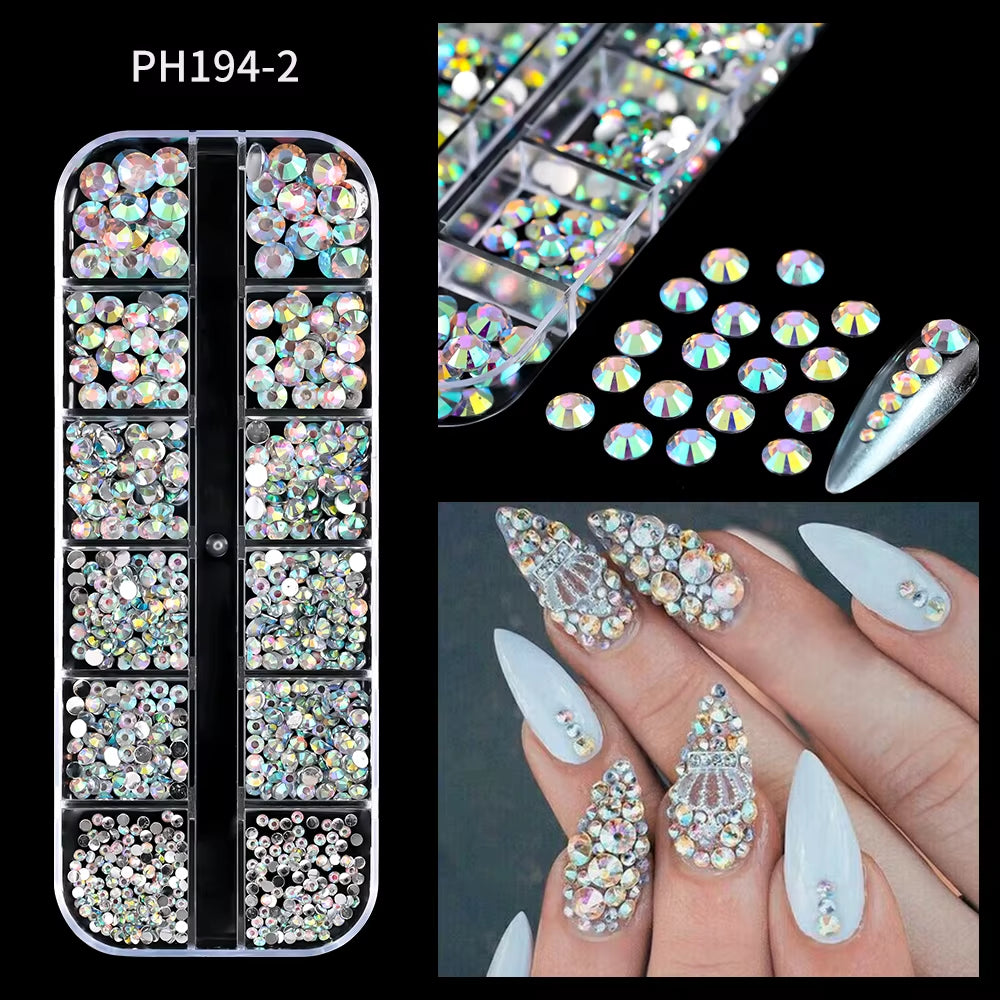 12Gird Mix Size Pink Red Green Crystal Nail Art Rhinestones Luxury Nail Diamond Gem Flatback Glass Stone Strass Nail Supplies