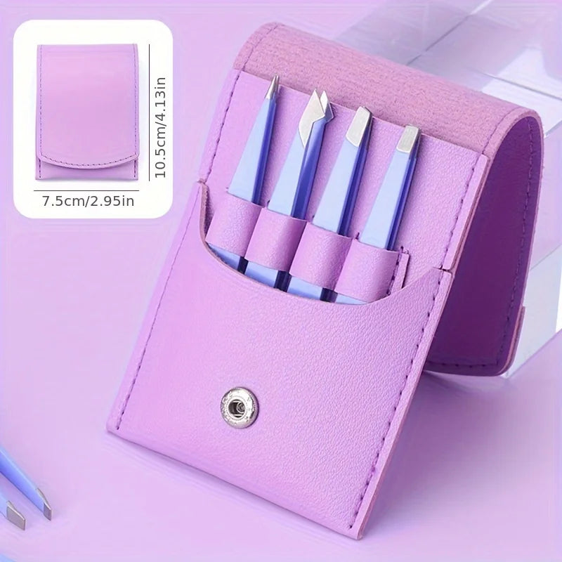 4 Pcs Tweezers Set - Professional Tweezers for Eyebrows - Great Precision for Facial Hair, Splinter and Ingrown Hair Removal Wit