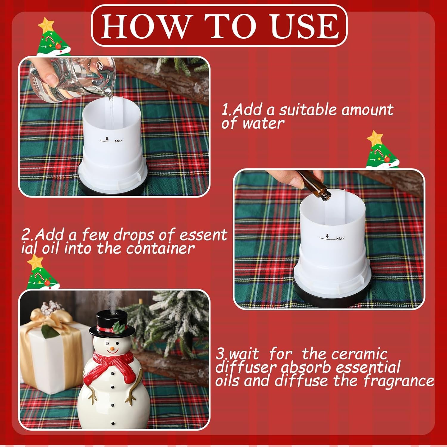 Christmas Essential Oil Diffuser Gifts Ceramic Snowman Diffuser 120Ml Holiday Diffuser for Essential Oil Cute Small Aromatherapy Humidifier Diffuser for Home Office Decorations