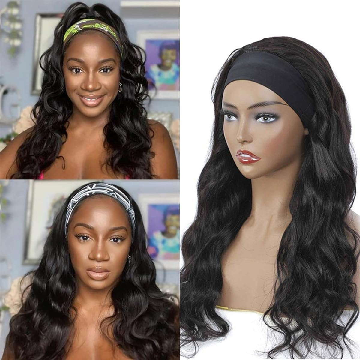 Headband Wig Human Hair Body Wave Headband Wigs for Black Women 20 Inch None Lace Front Wig Wear and Go Glueless Wigs Machine Made Brazilian Virgin Natural Color