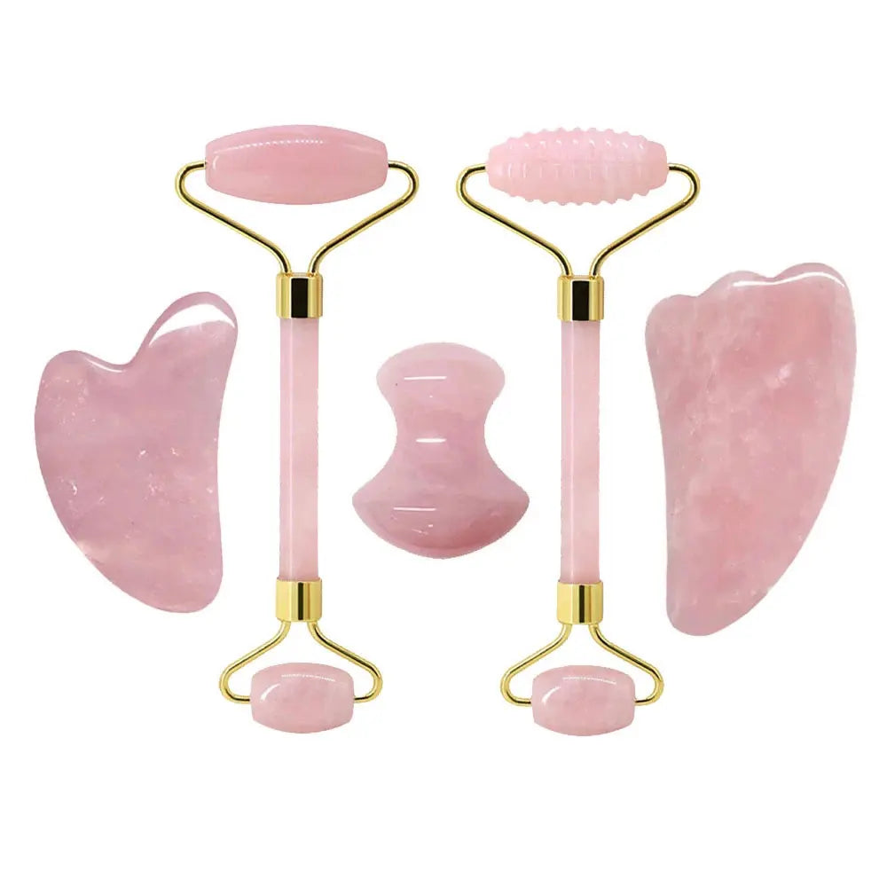 Rose Quartz Face Jade Roller Massagers Guasha Set Gua Sha Tools Natural Stone Gouache Scraper for Facial Massage Beauty Tool