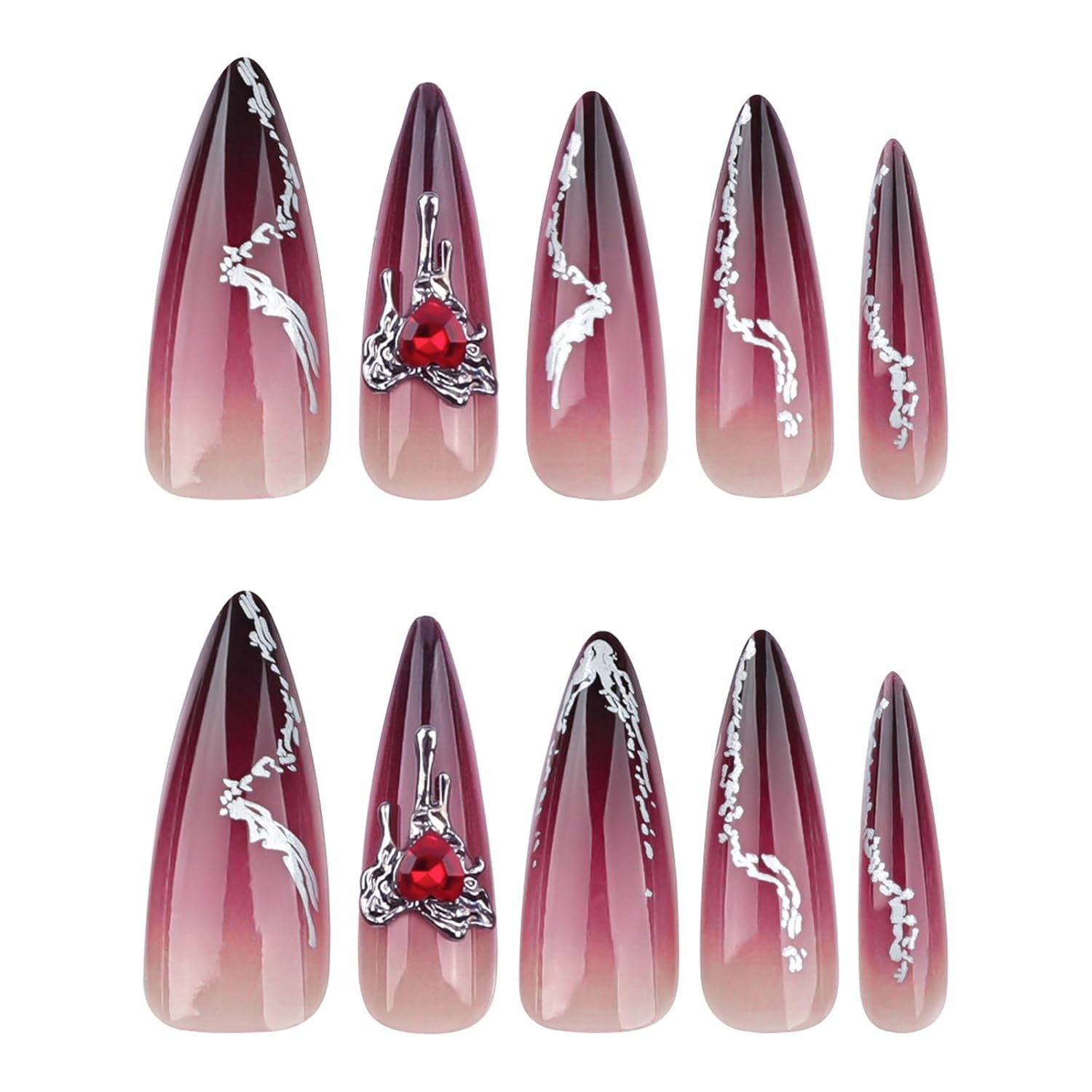 Press on Nails - Long Stiletto Glue on Nails with Goth Burgundy, Acrylic Rhinestone Design 24 Pcs