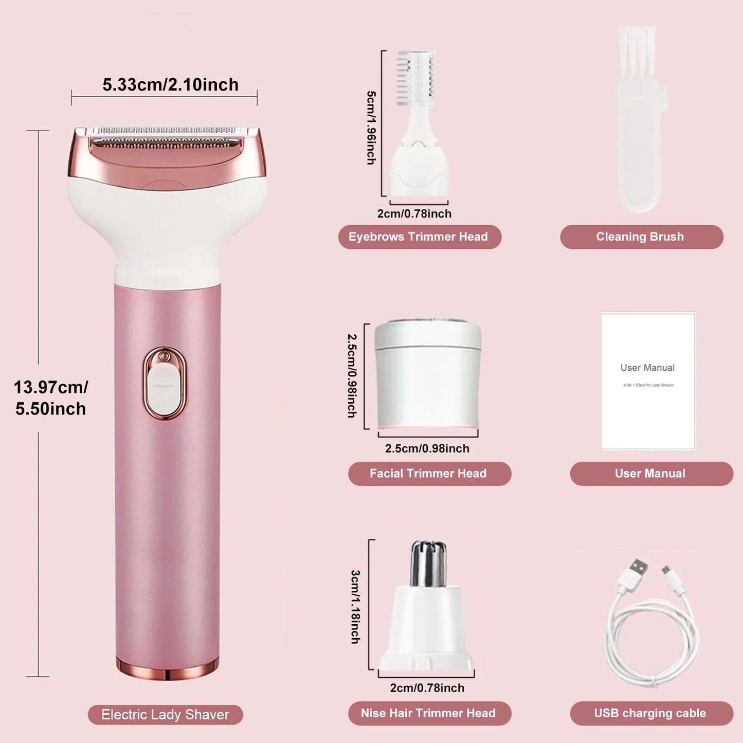 4 in 1 Electric Razor for Women Nose Hair Trimmer for Women Cordless Face Shaver Set Facial Hair Removal for Women Painless Body Hair Remover Lady Grooming Kit for Bikini, Eyebrow, Arm, Leg, Nose