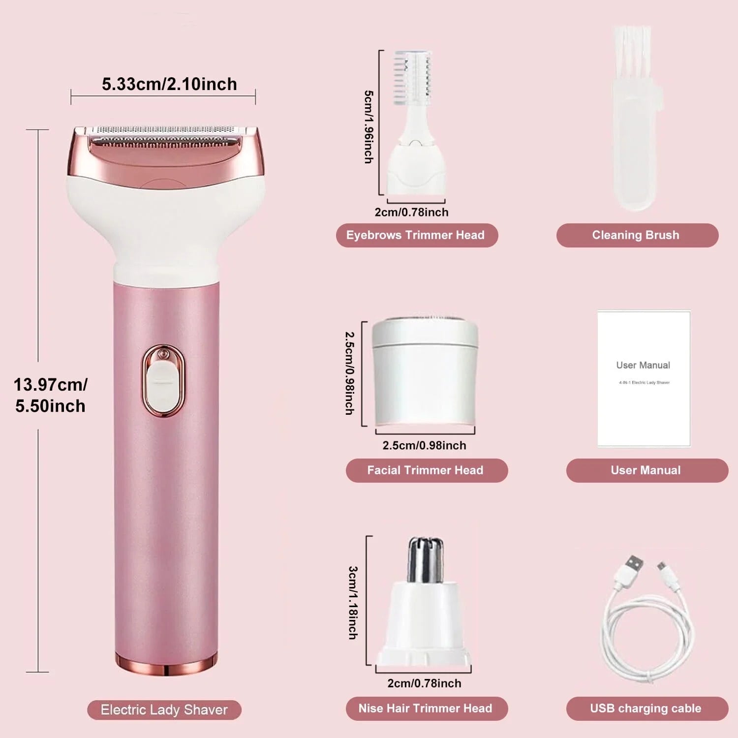 4 in 1 Electric Razor for Women Nose Hair Trimmer for Women Cordless Face Shaver Set Facial Hair Removal for Women Painless Body Hair Remover Lady Grooming Kit for Bikini, Eyebrow, Arm, Leg, Nose