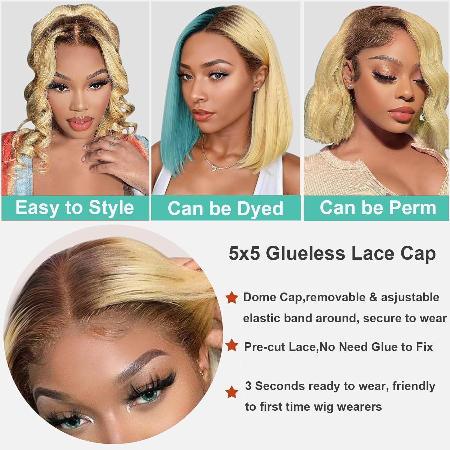 200% Density Wear and Go Blonde Wig Human Hair 2.0-613 Upgraded Roots Color Natural Blonde Bob Wig for Women 5X5 UHD Pre-Cut Lace Wigs No Mix Fiber Brazilian Virgin Hair 10 Inch