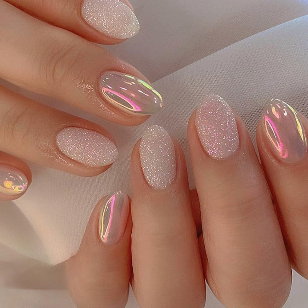 Almond Press on Nails Short round Fake Nails Chrome Glossy False Nails with Glitte Powder Press Ons Designs Acrylic Nails Press on Artificial Nails Stick on Nails for Women Girls 24Pcs