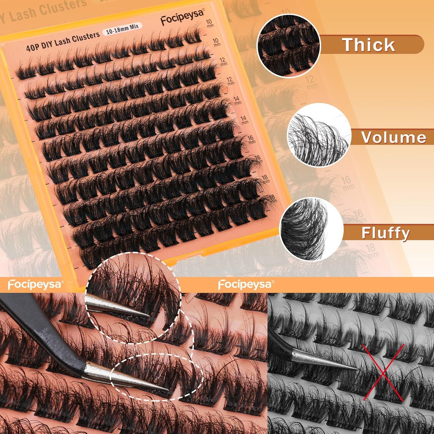 Thick Lash Extension Kit Full Volume Lash Clusters 40P Eyelash Extension Kit DIY Lash Extension Kit with Black Bond and Seal Glue, Lash Applicator DIY at Home for Beginner (40P 10-18MM)