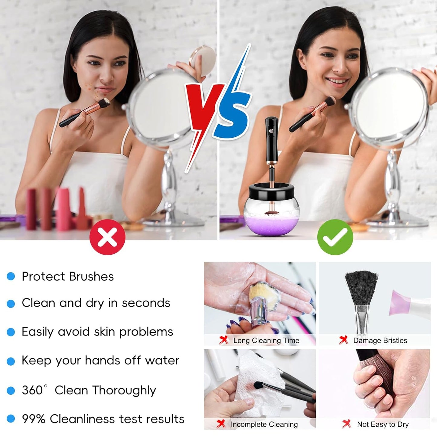 Pro 2019 Upgraded Electric Makeup Brush Cleaner and Dryer, Automatic Brush Spinner for All Brushes,Wash and Dry in Seconds,With 8 Size Rubber Collars