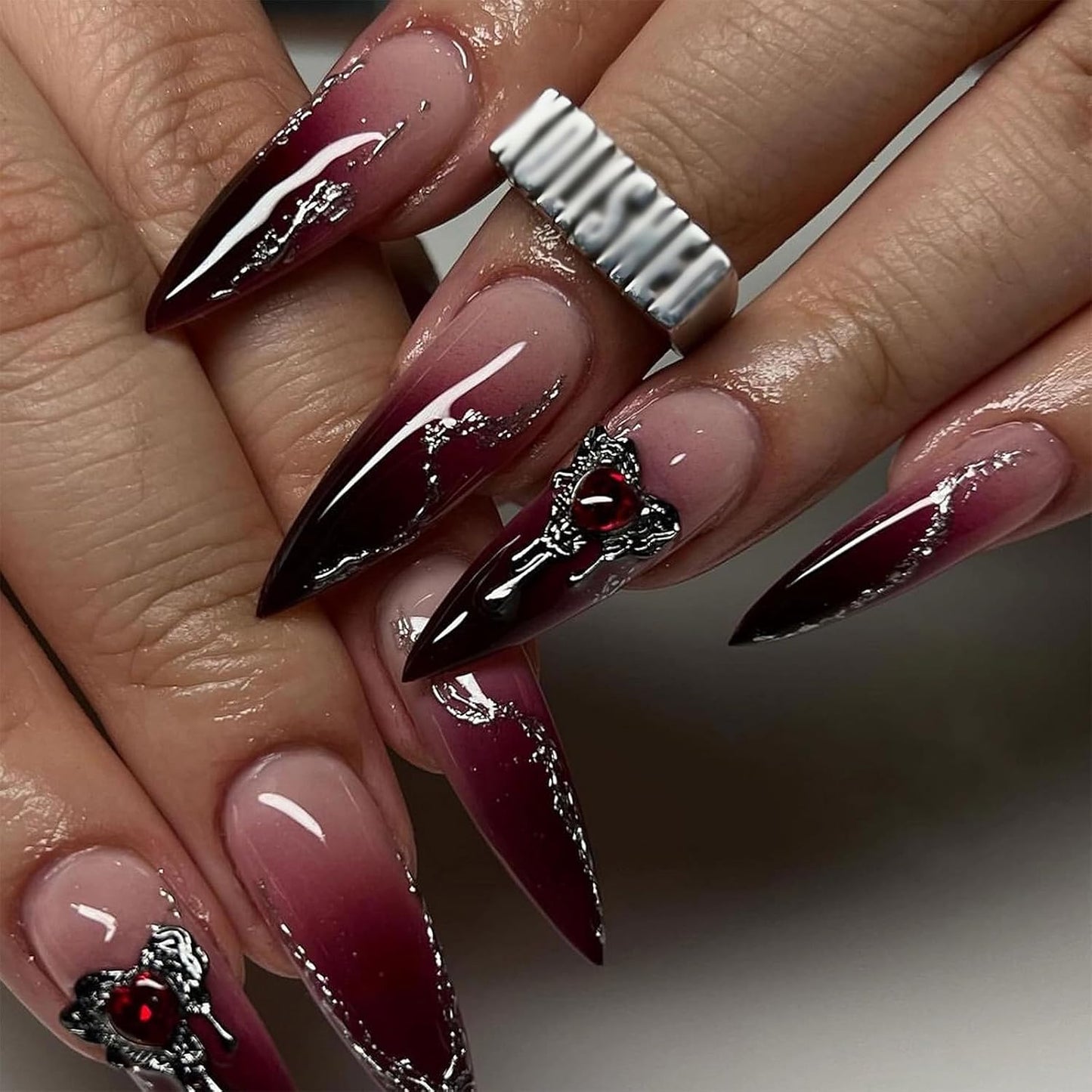 Press on Nails - Long Stiletto Glue on Nails with Goth Burgundy, Acrylic Rhinestone Design 24 Pcs