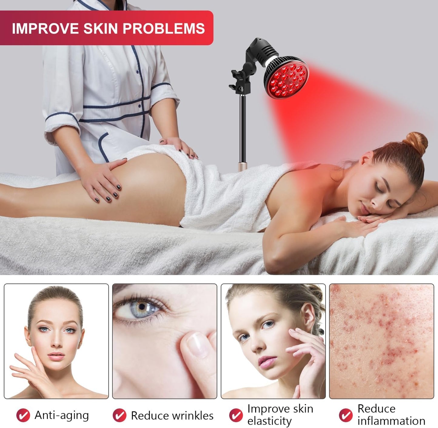 Red Light Therapy Lamp - LED Face & Body Treatment, Adjustable Stand 10-16.5In, 18 Leds 660Nm & 850Nm Combo