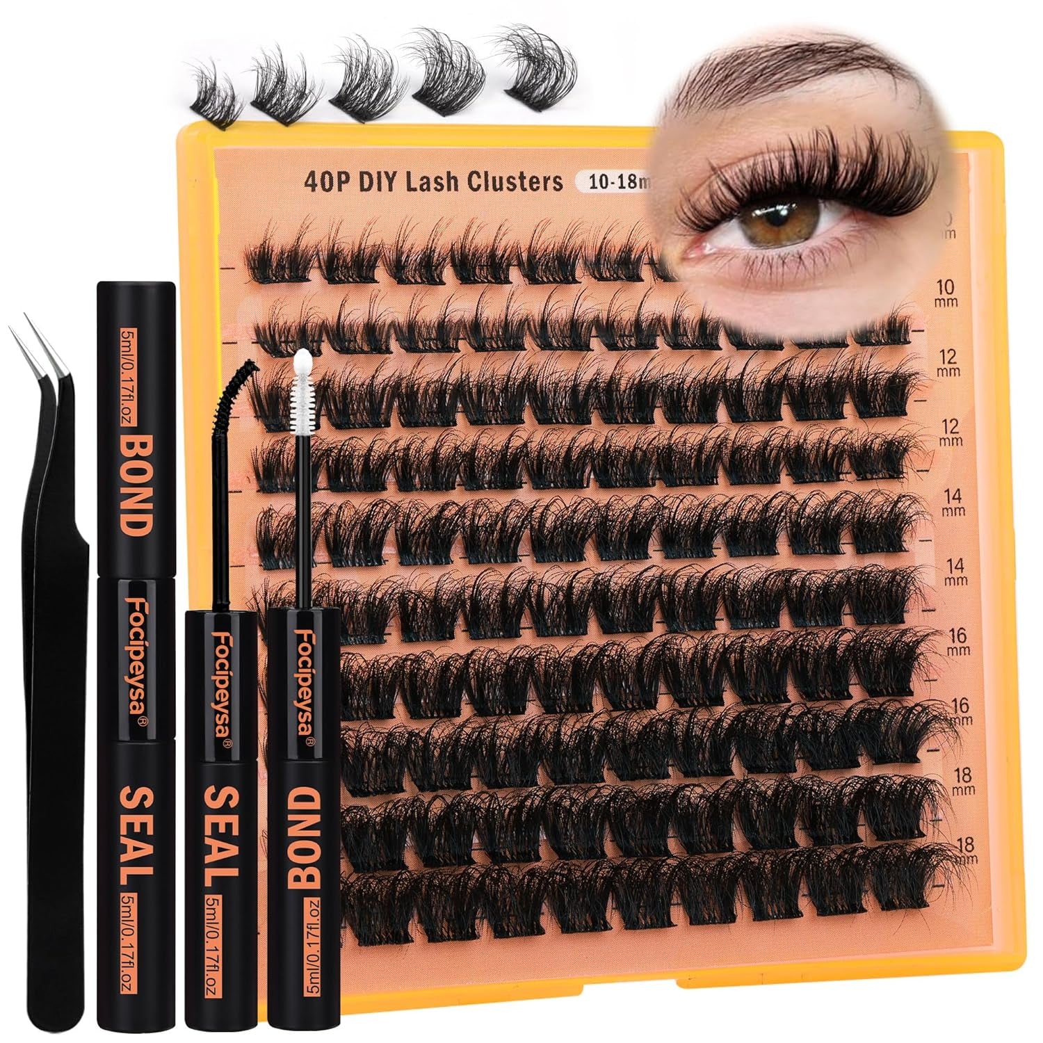 Thick Lash Extension Kit Full Volume Lash Clusters 40P Eyelash Extension Kit DIY Lash Extension Kit with Black Bond and Seal Glue, Lash Applicator DIY at Home for Beginner (40P 10-18MM)