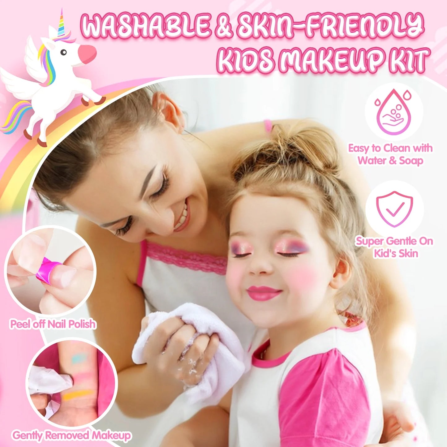 Kids Makeup Kit for Girls,36Pcs Girls Unicorn Makeup Kit,Real Washable Pretend Play Cosmetic Set with Mirror,Little Girls Princess Make up Toys for 4 5 6 7 8 9 Year Old Girl Birthday Gift,Pink