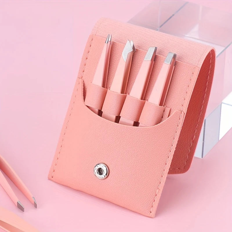 4 Pcs Tweezers Set - Professional Tweezers for Eyebrows - Great Precision for Facial Hair, Splinter and Ingrown Hair Removal Wit