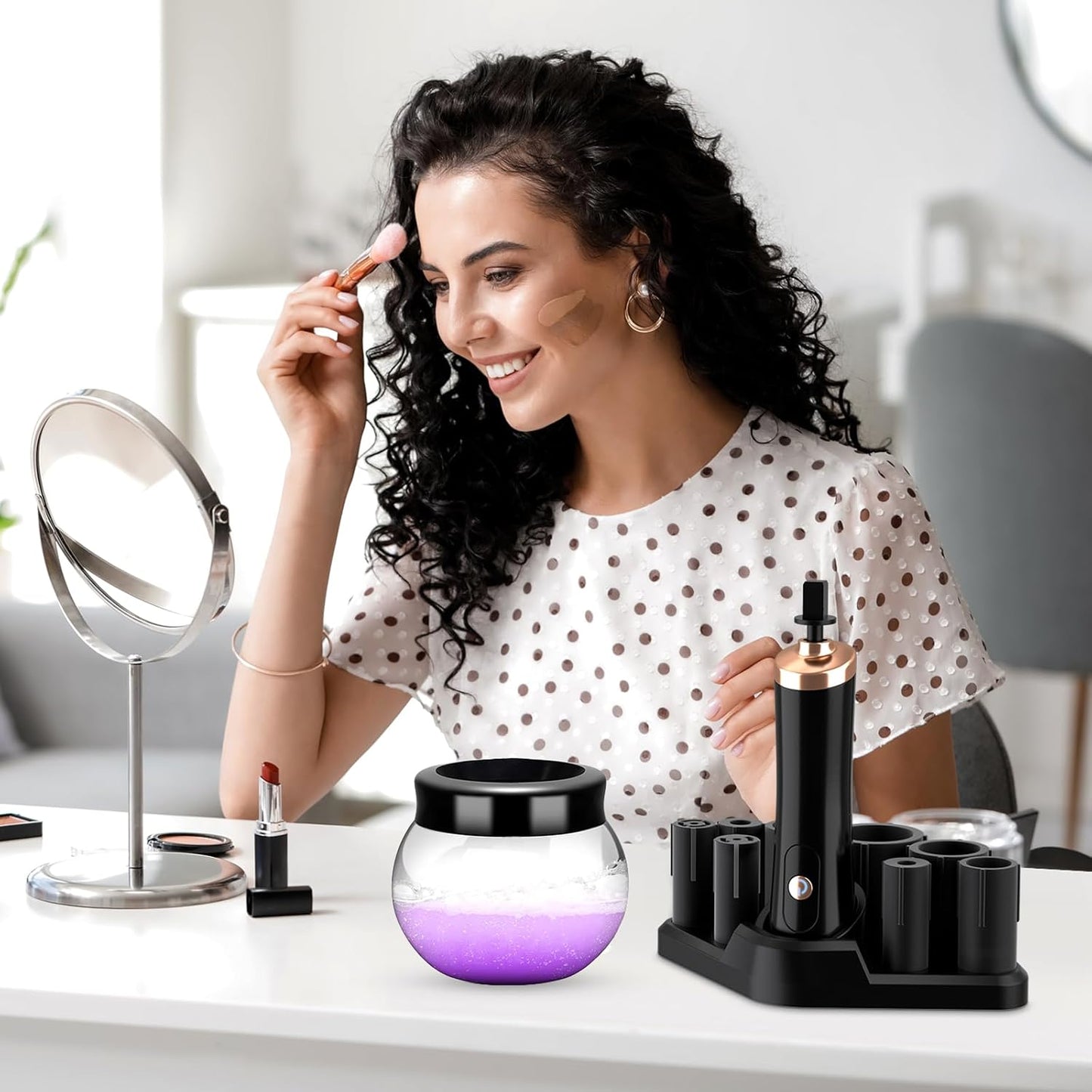 Pro 2019 Upgraded Electric Makeup Brush Cleaner and Dryer, Automatic Brush Spinner for All Brushes,Wash and Dry in Seconds,With 8 Size Rubber Collars